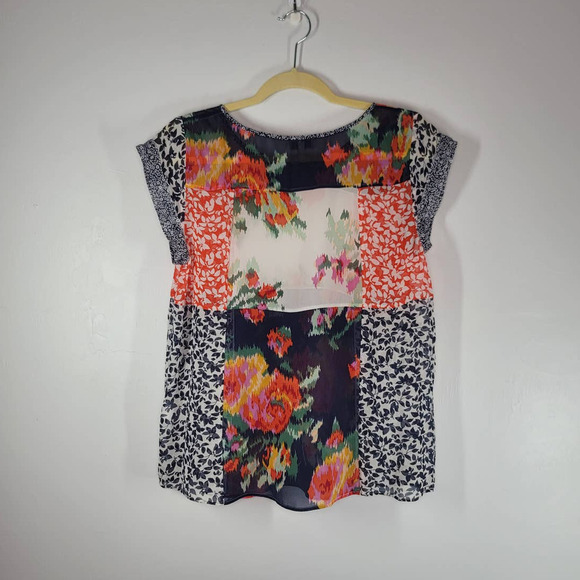 Joie Women's 100% Silk Bohan Floral Patchwork Top Blouse Blue Orange Size Small - Picture 3 of 6
